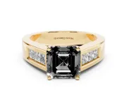 Fancy Black Asscher Cut Diamond Solitaire Ring Set in Yellow gold with Channel-Set Accent Stones and Prong Setting