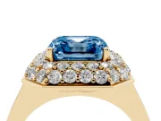 Fancy Blue Asscher Cut Diamond Halo Engagement Ring Set in Yellow gold with Solitaire Band and Prong Setting