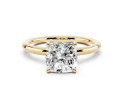 Cushion Cut Diamond Solitaire Ring Set in Yellow gold with Thin Band and Prong Setting
