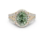 Oval Halo Pavé Engagement Ring Setting for a Fancy Green Lab-Grown Diamond | Narrow Split Shank | Yellow Gold