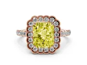 Fancy Yellow Radiant Cut Diamond Milgrain Floral Halo Engagement Ring Set in Rose gold with Pavé Band