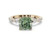 Cushion Cut Pavé Engagement Ring Setting for a Fancy Green Lab-Grown Diamond | Alternating Accents | Yellow Gold