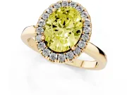 Fancy Yellow Oval Cut Diamond Halo Solitaire Ring Set in Yellow gold with Pavé Band and Prong Setting
