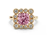 Cushion Cut Milgrain Cluster Halo Engagement Ring Setting for a Fancy Pink Lab-Grown Diamond | Plain Band | Yellow Gold