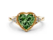 Fancy Green Heart Cut Diamond Milgrain Solitaire Ring Set in Yellow gold with Tapered Pavé Band and Prong Setting