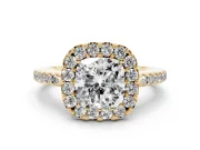 Cushion Cut Pave Halo Engagement Ring Setting | Pave Band | Yellow Gold