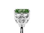 Fancy Green Emerald Cut Diamond Solitaire Ring Set in Platinum with Cluster Accents on Each Side