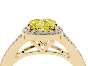 Cushion Cut Halo Engagement Ring Setting for a Fancy Yellow Lab-Grown Diamond | V-Split Pavé Band | Yellow Gold