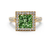 Princess Cut Milgrain Halo Engagement Ring Setting for a Fancy Green Lab-Grown Diamond | Side Stones | Yellow Gold