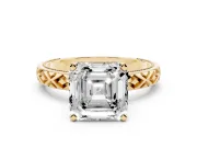 Asscher Cut Diamond Solitaire Ring Set in Yellow gold with Milgrain and Black Enamel X Pattern Band