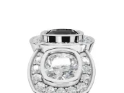 Cushion Cut Three Stone Halo Engagement Ring Setting for a Black Center | Bezel Set | Platinum