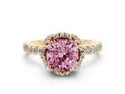 Cushion Cut Floral Petal Halo Engagement Ring Setting for a Fancy Pink Lab-Grown Diamond | Pavé Band | Yellow Gold