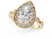 Pear Cut Diamond Halo Engagement Ring Set in Yellow gold with Twisted Band and Prong Setting