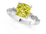 Fancy Yellow Cushion Cut Diamond Solitaire Vine Band Ring Set in Silver with Round Accents and Prong Setting