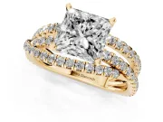 Princess Cut Diamond Solitaire Twist Band Ring Set in Yellow gold with Pavé Setting and Prong Head
