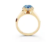 Fancy Blue Round Cut Diamond Halo Ring Set in Yellow gold with Cathedral Band and Prong Setting