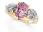 Oval Three Stone Engagement Ring Setting for a Fancy Pink Lab-Grown Diamond | Open Prong Baskets | Yellow Gold
