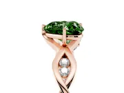 Fancy Green Heart Cut Diamond Twist Band Solitaire Ring Set in Rose gold with Leaf Prong Setting and Accent Stones