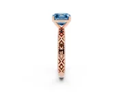 Fancy Blue Asscher Cut Diamond Solitaire Ring Set in Rose gold with Milgrain and Black Enamel X Pattern Band