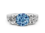 Round Vintage Three Stone Engagement Ring Setting for a Fancy Blue Lab-Grown Diamond | Sterling Silver