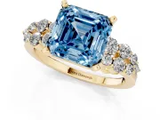 Fancy Blue Asscher Cut Diamond Cluster Engagement Ring Set in Yellow gold with Pavé Band and Prong Setting