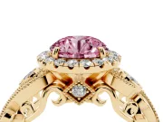 Fancy Pink Round Cut Diamond Halo Ring Set in Yellow gold with Milgrain Pavé Band and Prong Setting