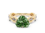 Fancy Green Heart Cut Diamond Twist Band Solitaire Ring Set in Yellow gold with Leaf Prong Setting and Accent Stones