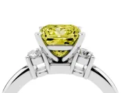 Fancy Yellow Three-Stone Princess Cut Diamond Ring Set in White gold with Prong Setting and Plain Band