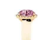 Fancy Pink Round Cut Diamond Halo Ring Set in Yellow gold with Cathedral Band and Prong Setting