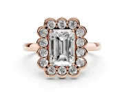 Emerald Cut Scalloped Cluster Halo Engagement Ring Setting | Plain Band | Rose Gold