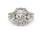 Radiant Cut Diamond Halo Split Shank Engagement Ring Set in Yellow gold with Prong-Held Center Stone