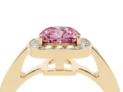 Fancy Pink Cushion Cut Diamond Halo Pavé Engagement Ring Set in Yellow gold with Bezel Setting
