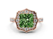 Princess Cut Vintage Scalloped Halo Engagement Ring Setting for a Fancy Green Lab-Grown Diamond | Pave Band | Rose Gold