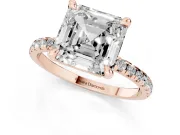 Asscher Cut Diamond Brilliant Solitaire Ring Set in Rose gold with Pavé Band and Prong Setting