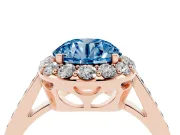 Fancy Blue Round Cut Diamond Floral Halo Ring Set in Rose gold with Pavé Band and Prong Setting