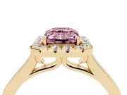 Fancy Pink Emerald Cut Halo Round Diamond Solitaire Ring Set in Yellow gold with Pavé Band and Prong Setting