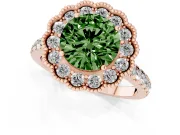 Fancy Green Round Cut Diamond Milgrain Floral Halo Engagement Ring Set in Rose gold with Pavé Band