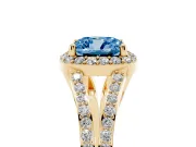 Cushion Cut Halo Engagement Ring Setting for a Fancy Blue Lab-Grown Diamond | V-Split Pavé Band | Yellow Gold