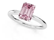 Fancy Pink Emerald Cut Diamond Solitaire Ring Set in Silver with Prong Setting on a Polished Plain Band