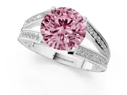 Fancy Pink Round Cut Diamond Split Shank Ring Set in Platinum with Pavé Band and Prong Setting