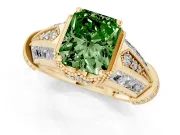Fancy Green Radiant Cut Diamond Vintage-Inspired Milgrain Ring Set in Yellow gold with Accent Split Shank