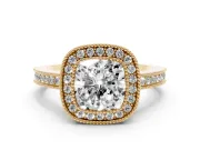 Cushion Cut Vintage Milgrain Halo Engagement Ring Setting | Filigree Gallery | Yellow Gold