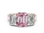Emerald Cut Three Stone Engagement Ring Setting for a Fancy Pink Lab-Grown Diamond | Basket Prong Heads | Rose Gold