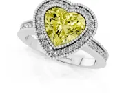 Fancy Yellow Heart Cut Diamond Halo Ring Set in White gold with Pavé Band and Milgrain-Edged Prongs