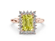 Fancy Yellow Emerald Cut Diamond Halo Ring Set in Rose gold with Plain Solitaire Band and Prong Setting