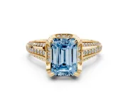 Emerald Cut Hidden Halo Engagement Ring Setting for a Fancy Blue Lab-Grown Diamond | Triple Row Pavé Band | Yellow Gold