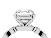 Asscher Cut Diamond Solitaire Engagement Ring Set in Silver with Milgrain Bezel Accent Band