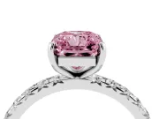 Fancy Pink Radiant Cut Diamond Pavé Solitaire Ring Set in Platinum with Round Band and Prong Setting