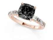 Fancy Black Cushion Cut Diamond Solitaire Set in Rose gold with Side Baguettes and Channel Set Band