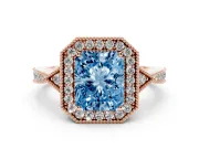 Fancy Blue Radiant Cut Diamond Halo Engagement Ring Set in Rose gold with Milgrain Pavé Band